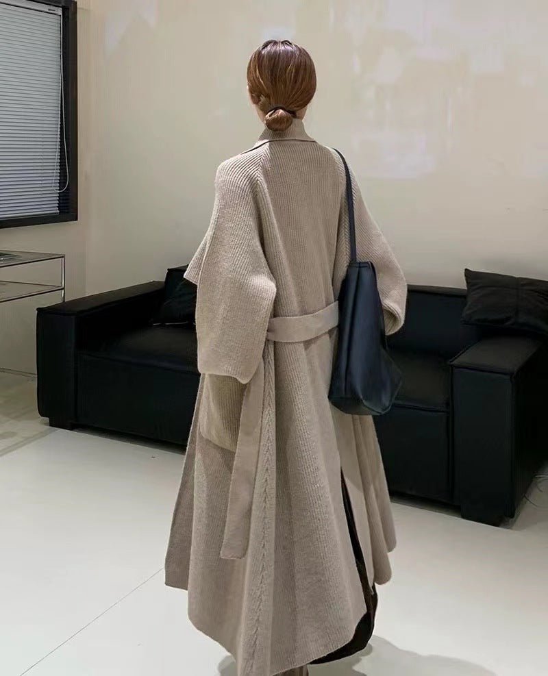 Winter Stylish Elegant Belted Cozy Knitted Trench Coat For Women Khaki