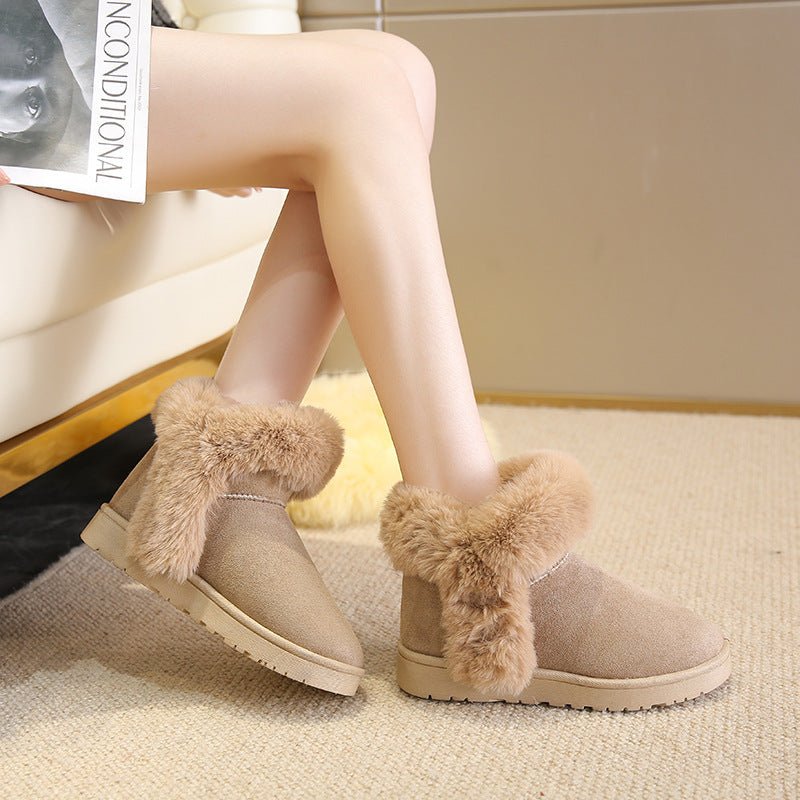 Winter Warm Slip On Fluffy Fleece Ankle Boots Non - slip Cotton Shoes Beige