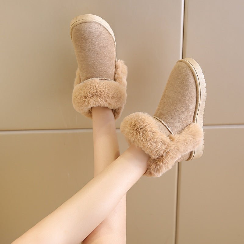 Winter Warm Slip On Fluffy Fleece Ankle Boots Non - slip Cotton Shoes Beige