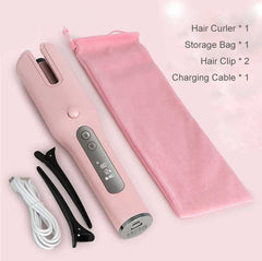 Wireless Automatic Hair Curler: USB LCD Screen Ceramic Heating Pink