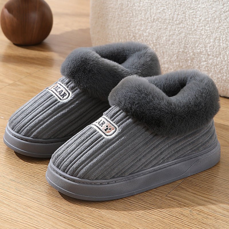 Woman Covered Heel Cotton Shoes Thick - soled Fluffy Slippers For Men Grey