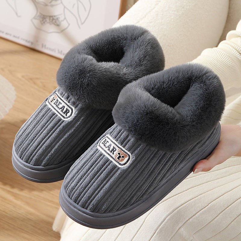 Woman Covered Heel Cotton Shoes Thick - soled Fluffy Slippers For Men Coffee