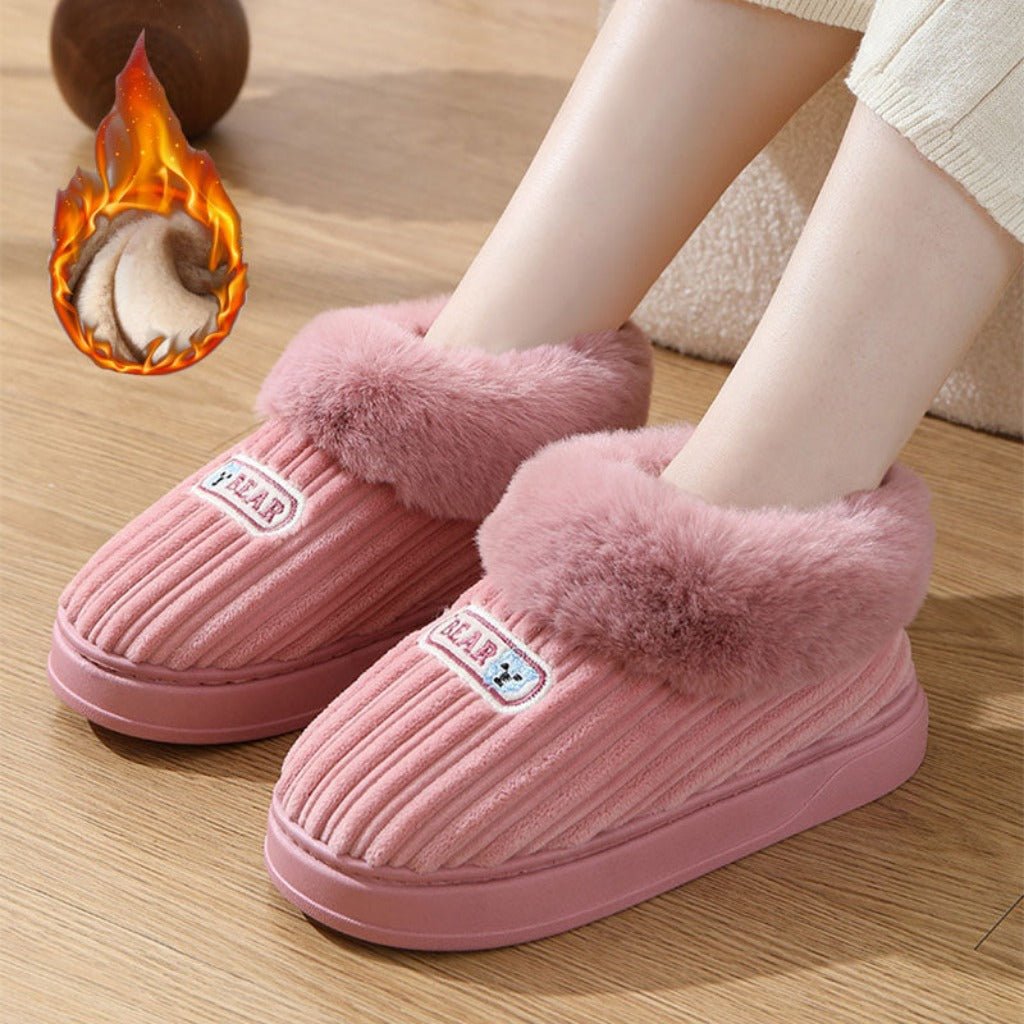 Woman Covered Heel Cotton Shoes Thick - soled Fluffy Slippers For Men Coffee