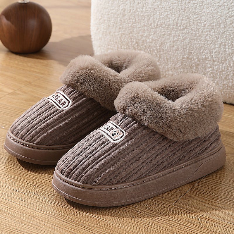 Woman Covered Heel Cotton Shoes Thick - soled Fluffy Slippers For Men Coffee