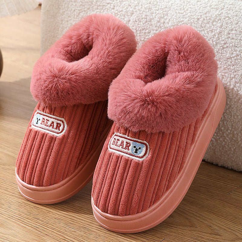 Woman Covered Heel Cotton Shoes Thick - soled Fluffy Slippers For Men Coffee