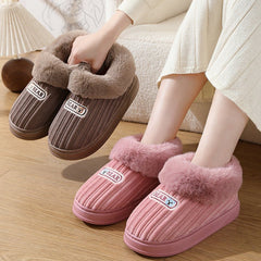 Woman Covered Heel Cotton Shoes Thick - soled Fluffy Slippers For Men Coffee