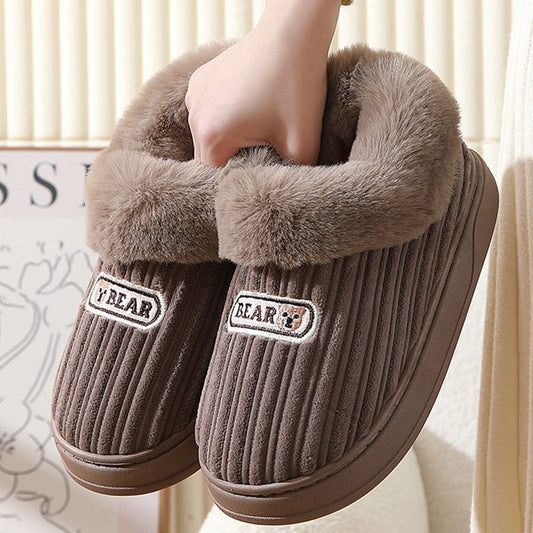 Woman Covered Heel Cotton Shoes Thick - soled Fluffy Slippers For Men Coffee