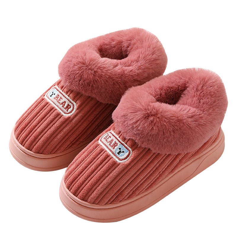 Woman Covered Heel Cotton Shoes Thick - soled Fluffy Slippers For Men Wine Red