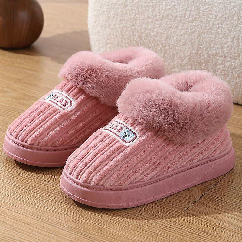 Woman Covered Heel Cotton Shoes Thick - soled Fluffy Slippers For Men Pink