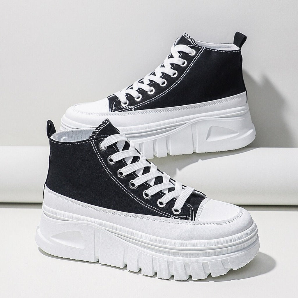 Women Lace - Up Front High Top chunky Platform sneakers Canvas Shoes Black