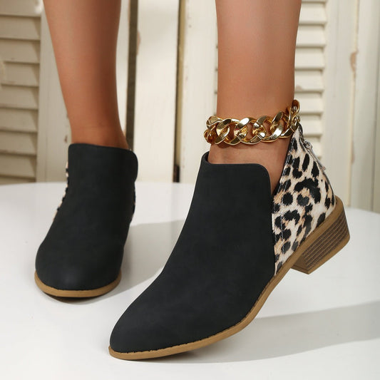 Women Pointed Toe Chunky Heel Back Zipper Shoes Black