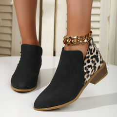 Women Pointed Toe Chunky Heel Back Zipper Shoes Black