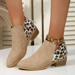 Women Pointed Toe Chunky Heel Back Zipper Shoes Khaki