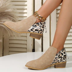 Women Pointed Toe Chunky Heel Back Zipper Shoes Khaki