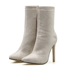 Women Pointed Toe Heeled Boots Beige