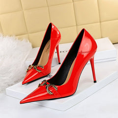 Women Single Shoes With High Metal Belt Buckle Red