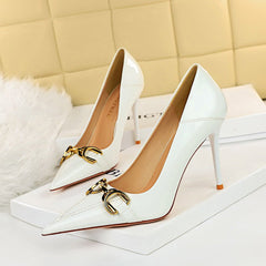 Women Single Shoes With High Metal Belt Buckle White