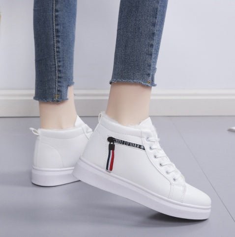 Women With Plush Snow Boots And Short Sleeves White