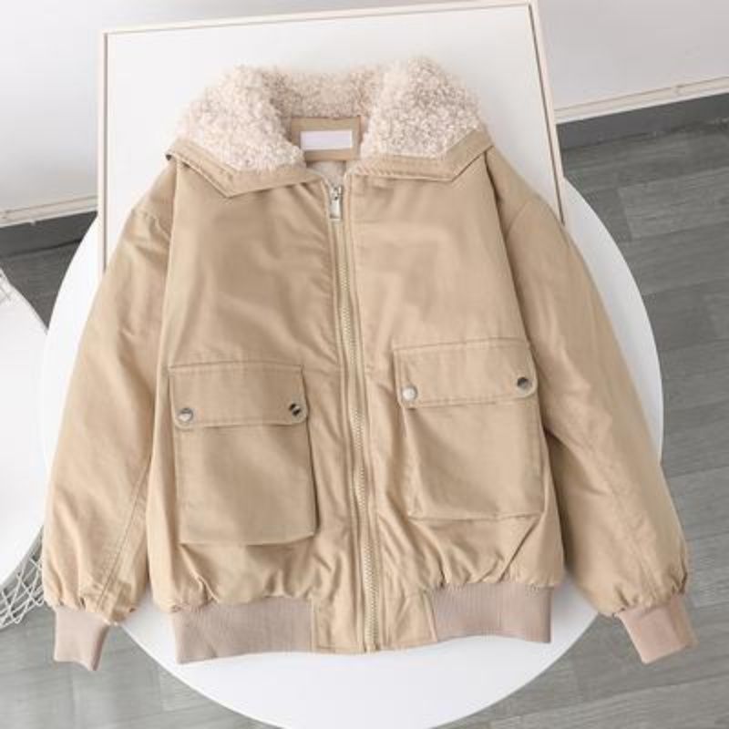 Women's Autumn And Winter Short Fleece Lined Candy Color Overalls Light Coffee