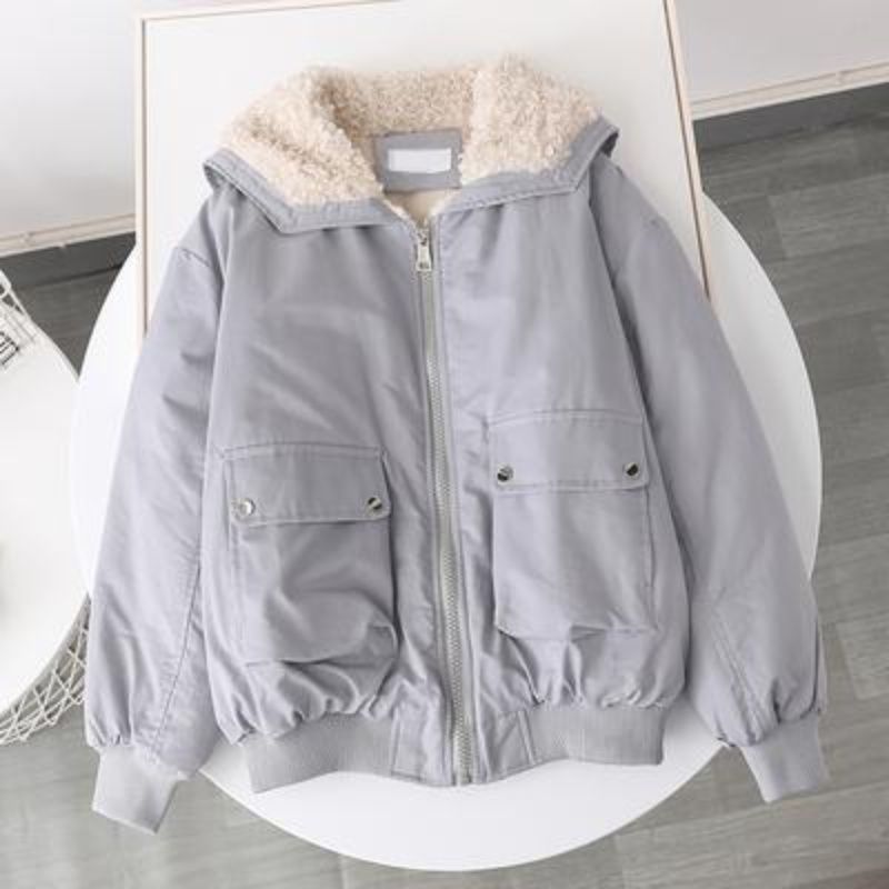 Women's Autumn And Winter Short Fleece Lined Candy Color Overalls Light Gray