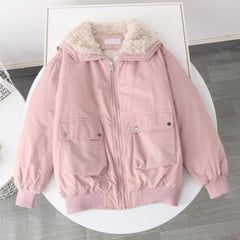 Women's Autumn And Winter Short Fleece Lined Candy Color Overalls Pink