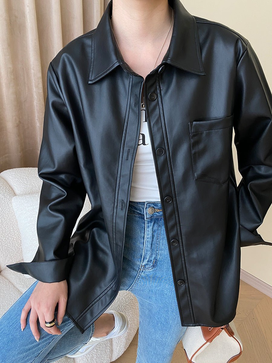 Women's Autumn Genuine Loose Fashion Leather Short Leather Coat Black