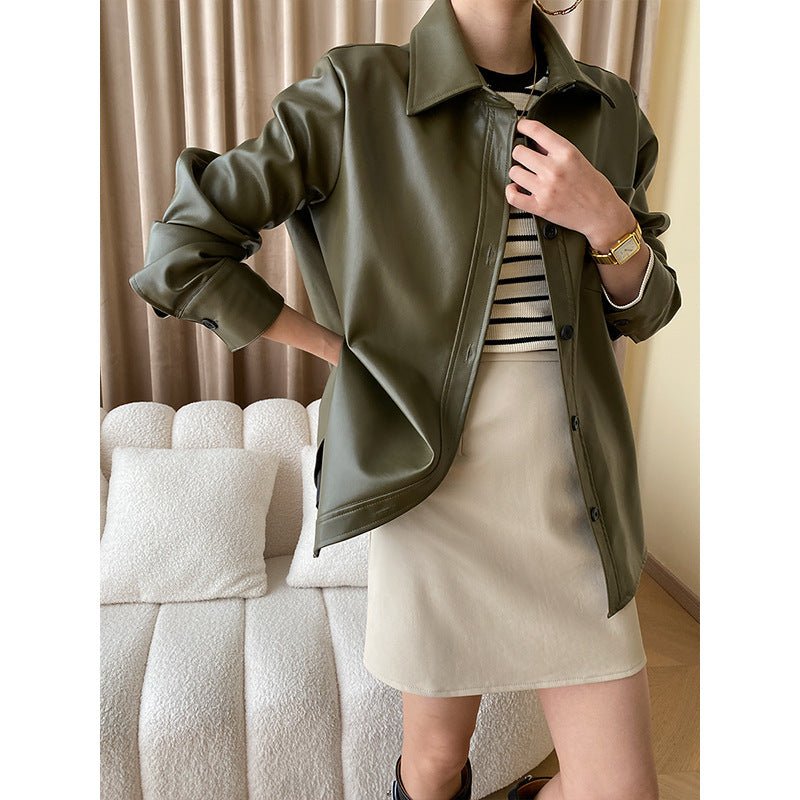 Women's Autumn Genuine Loose Fashion Leather Short Leather Coat Green