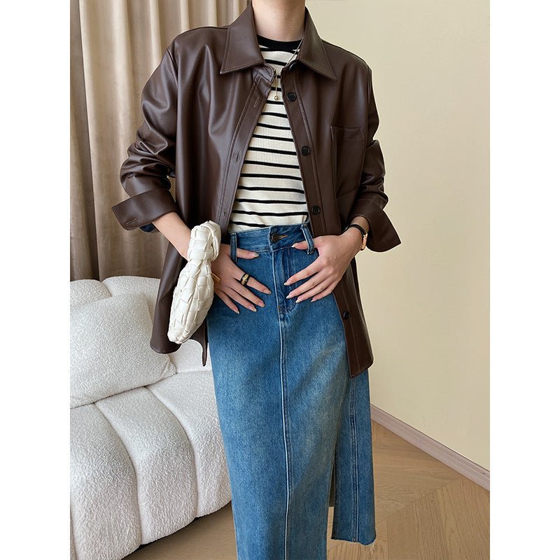 Women's Autumn Genuine Loose Fashion Leather Short Leather Coat Coffee