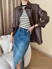 Women's Autumn Genuine Loose Fashion Leather Short Leather Coat Coffee