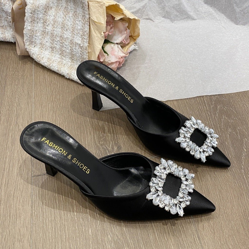 Women's Bling - Night Out Ready Outer Wear Rhinestone Toe Half Slippers Beige