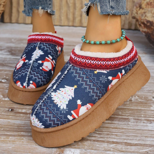 Women's Cartoon Christmas Print Ankle Casual Slip Winter Short Boots Santa Claus