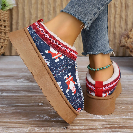 Women's Cartoon Christmas Print Ankle Casual Slip Winter Short Boots Santa Claus