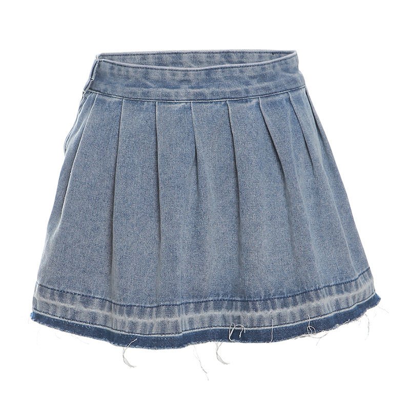 Women's Chic Pleated Skirt Stylish and Versatile Embossing Details Blue