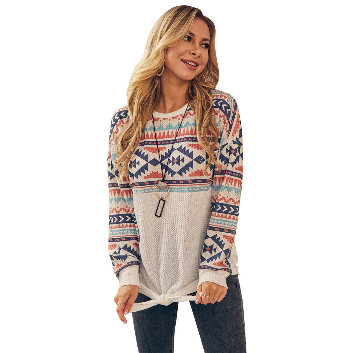 Women's Christmas Knit Top - Elegant Geometric Pattern White