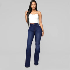 Women's Classic High Waist Slim Denim Horseshoe Pants Stylish Design Dark Blue