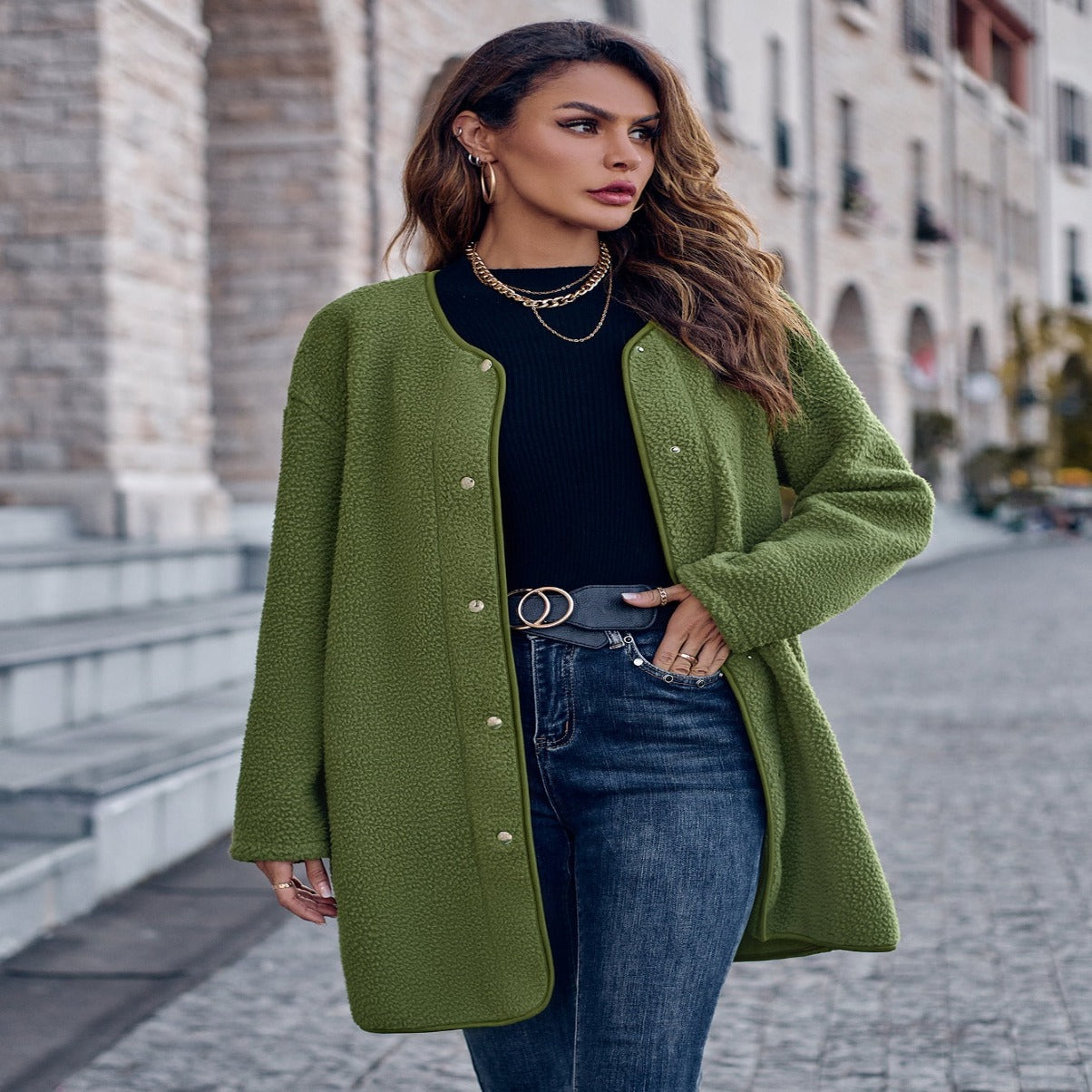 Women's Classic Stylish Round Neck Single - breasted Long Sleeve Coat Green