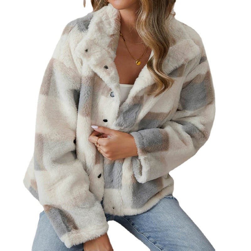 Women's Clothing Plaid Plush Lapel Warm Coat Foreign Trade Wholesale Plaid