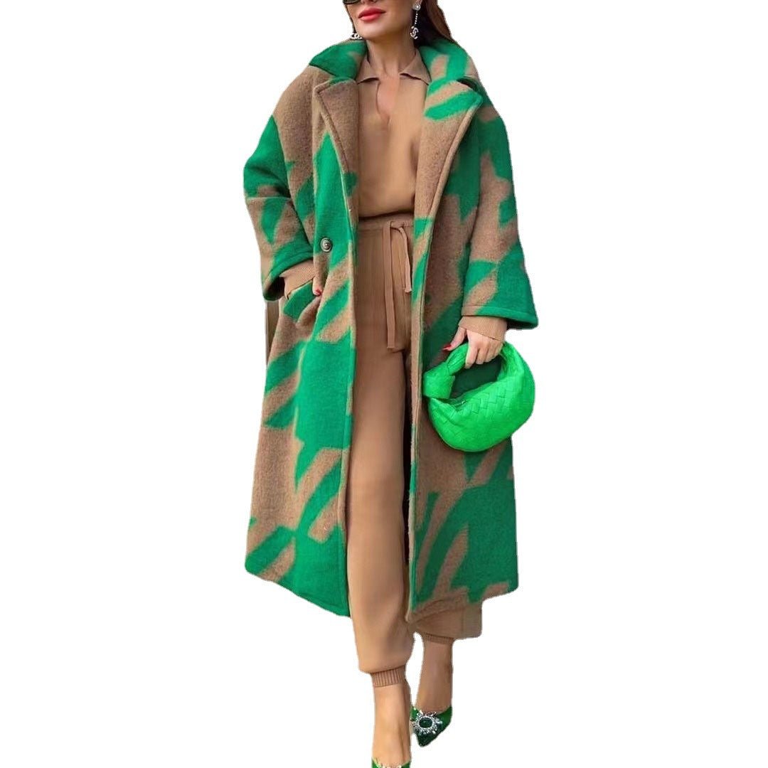 Women's Color Matching Fashion Long Sleeve Turn - down Collar Coat White Green