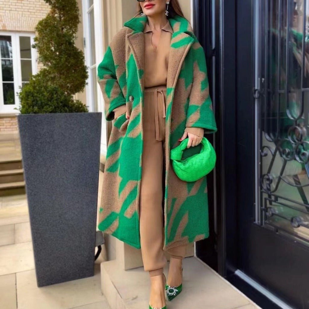 Women's Color Matching Fashion Long Sleeve Turn - down Collar Coat Green Card Color