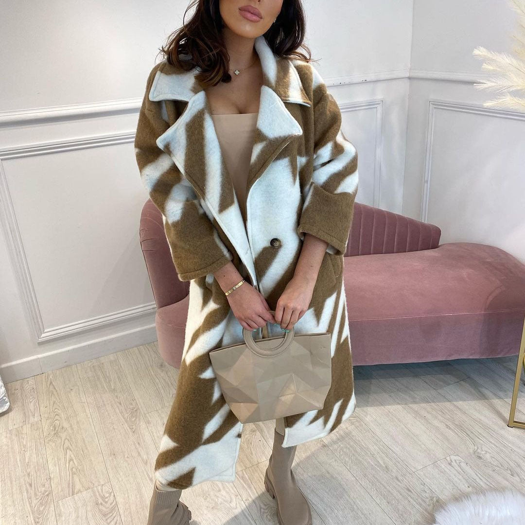 Women's Color Matching Fashion Long Sleeve Turn - down Collar Coat White Color