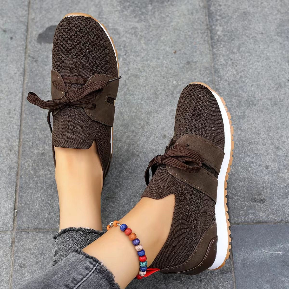 Women's Comfortable, mesh sneakers Fly Woven Mesh Lace - up Casual Shoes Dark Brown