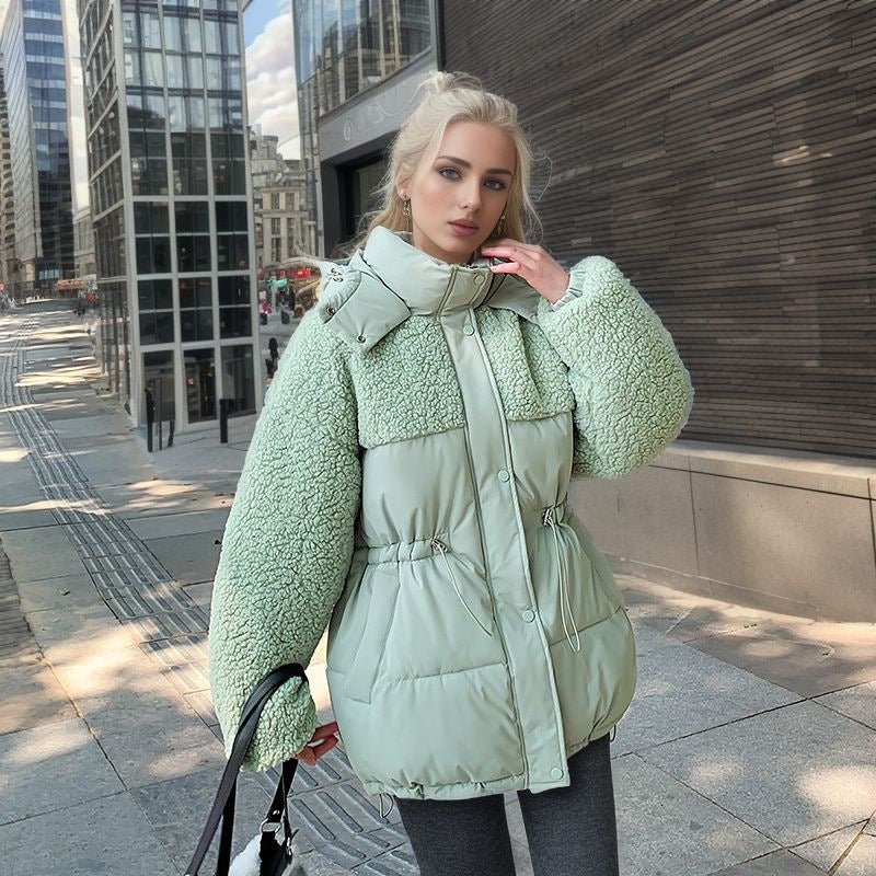 Women's Cotton - padded Coat Stitching Lamb Wool Waist Drawstring Coat Bean Green