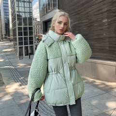 Women's Cotton - padded Coat Stitching Lamb Wool Waist Drawstring Coat Bean Green