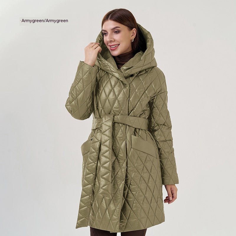 Women's Cotton - padded Jacket Slim - fit Lace Up Lapel Long - sleeved Coat Army Green