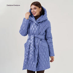 Women's Cotton - padded Jacket Slim - fit Lace Up Lapel Long - sleeved Coat Dark Blue