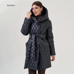 Women's Cotton - padded Jacket Slim - fit Lace Up Lapel Long - sleeved Coat Black