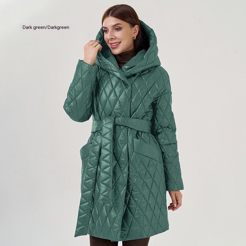 Women's Cotton - padded Jacket Slim - fit Lace Up Lapel Long - sleeved Coat Dark Green