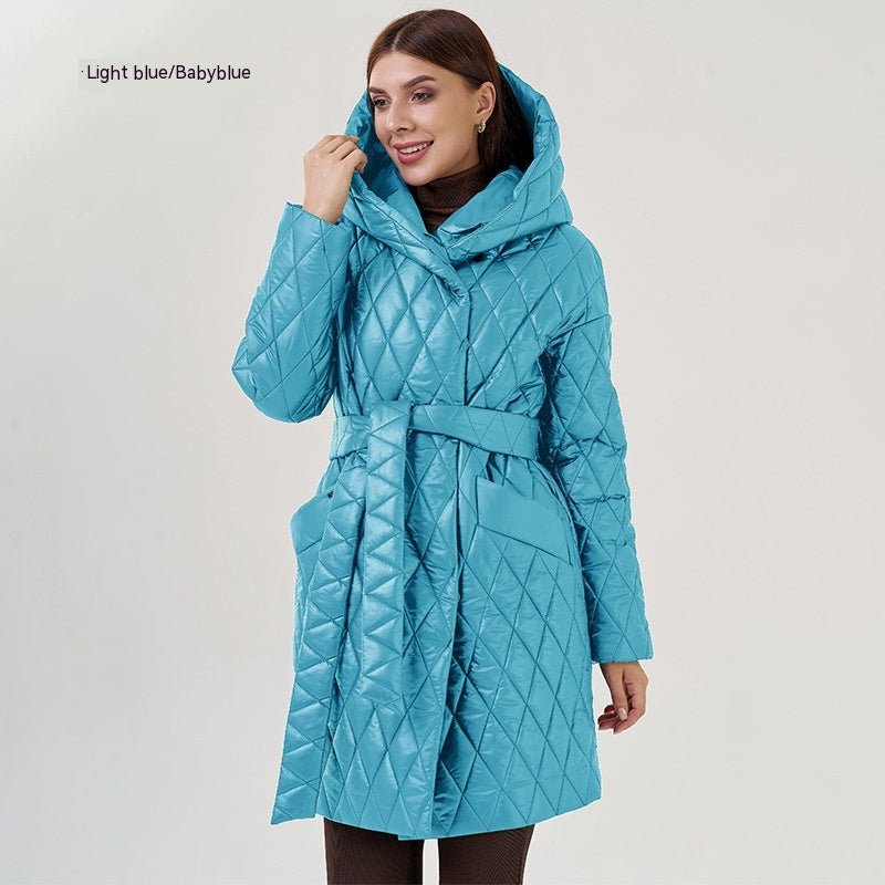 Women's Cotton - padded Jacket Slim - fit Lace Up Lapel Long - sleeved Coat Light Blue