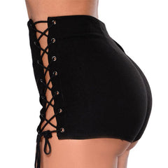 Women's Crisscross Bandage High Waist Unique Denim Shorts Black