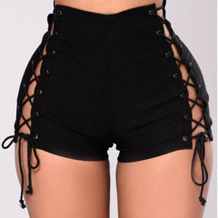 Women's Crisscross Bandage High Waist Unique Denim Shorts Black